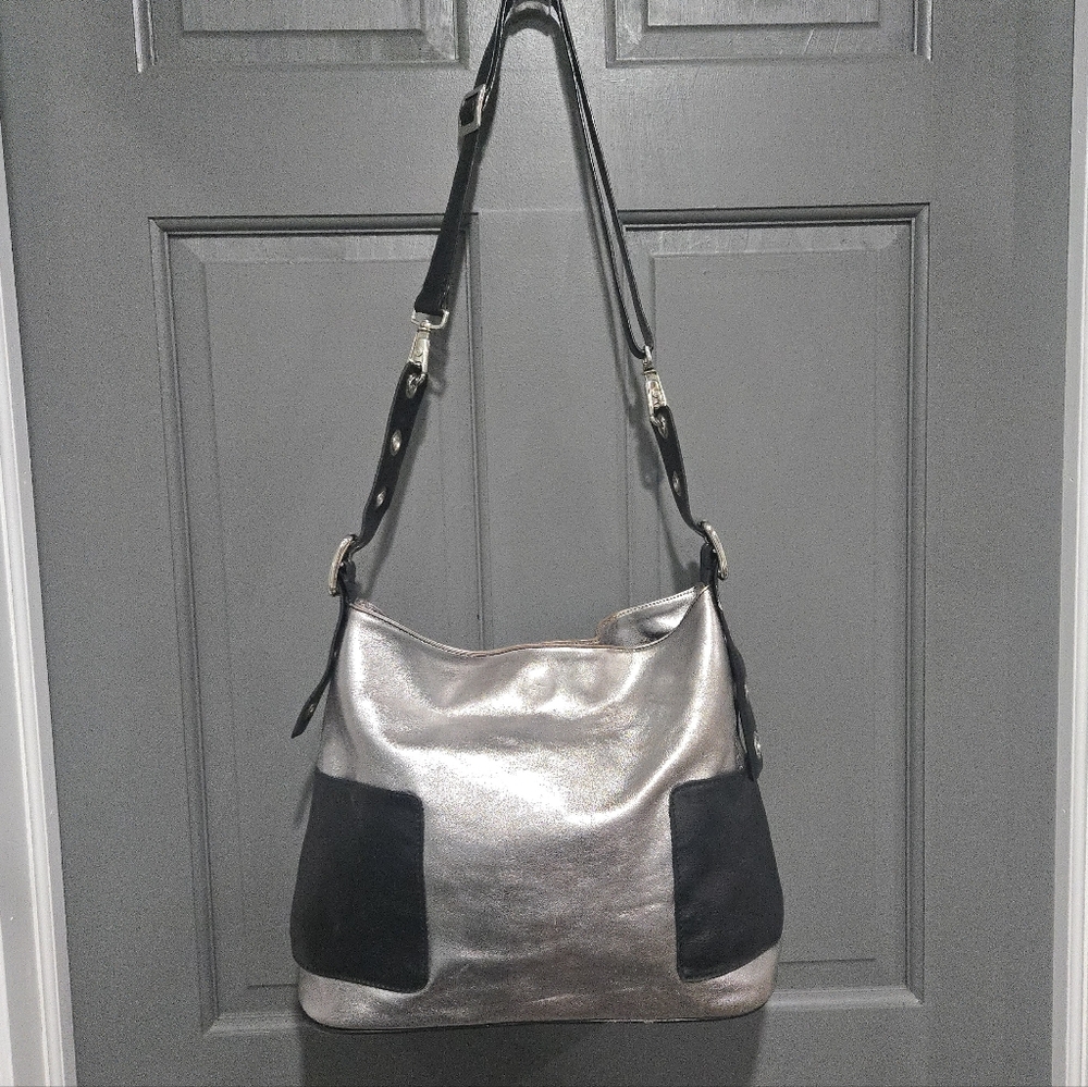 Silver and Black Leather Hobo Bag Purse